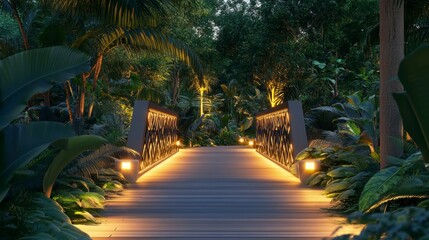 Poster - Illuminated bridge in lush tropical garden at night.