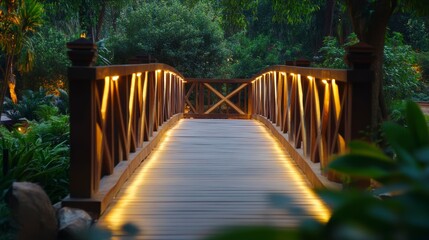 Poster - Illuminated wooden footbridge in lush green garden at dusk.