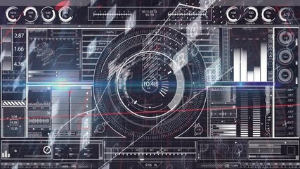 Poster - animation with futuristic digital interface, circular patterns, data graphs moving
