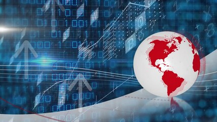 Poster - Digital animation of red globe with binary code and financial graphs
