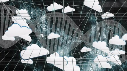 Poster - in school, animation of dna strand connecting with cloud network on digital grid