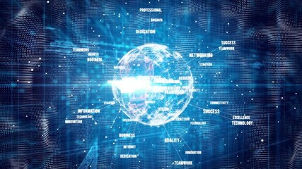 Poster - Animation of glowing globe surrounded by words like networking, success, innovation