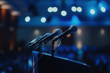 Poster - Modern political podium with multiple microphones set for an important speech in a focused environment Generative AI