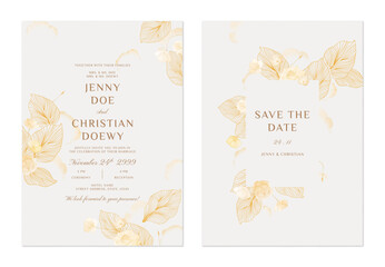 Wall Mural - wedding invitation and save the date template set of delicate golden California Poppy flowers and leaves on a gray background, adding a contemporary and stylish feel