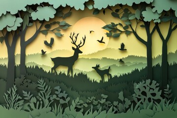 Poster - Layered paper cut forest with deer and birds showcases soft green tones and depth in a tranquil natural setting