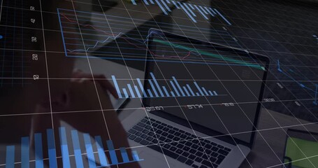 Poster - Financial graphs and data analysis animation over person working on laptop