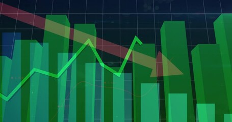 Poster - In school, animation showing green bar graph with downward trend arrow for finance