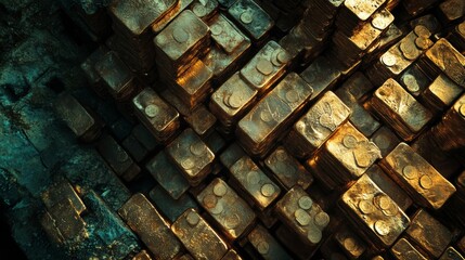 Poster - Abstract gold and teal textured blocks.