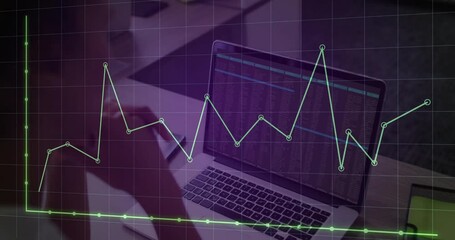 Poster - Graph line animation over laptop screen displaying financial data in office