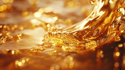Aufkleber - Close-up of golden liquid splashing, showing texture and light reflections.