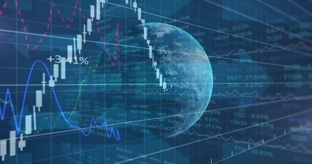 Poster - Overlaying digital globe with animation, financial data charts in blue tones