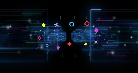 Poster - geometric shapes and digital data processing animation on dark background