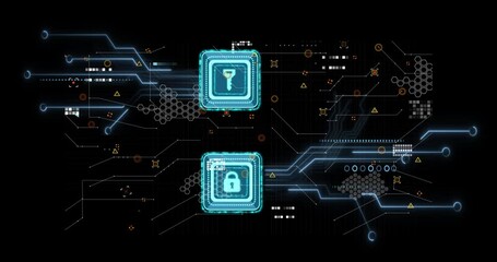 Poster - Digital security icons and data processing animation on futuristic network background