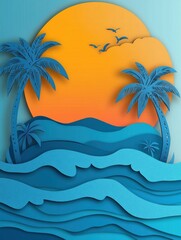 Aufkleber - Tropical island in layered paper cut style with palm trees, glowing sunset, and blue ocean waves in soft warm tones Generative AI