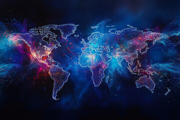 Poster - An imaginative representation of a world map, illuminated by celestial light, illustrating global connectivity through vibrant colors and ethereal designs, evoking a sense of exploration and unity.