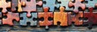 © Linda Space - crafted wooden puzzle pieces with rich textures and natural wood grain details, arranged on a weathered timber surface in panoramic view