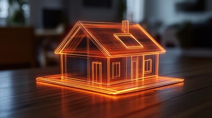 Poster - 3D Rendered Holographic House Model on Wooden Table with Soft Indoor Lighting for Architectural Visualization