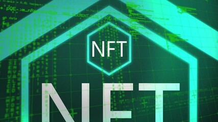 Poster - animation of digital code with geometric shapes in green futuristic theme