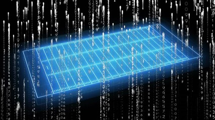 Poster - Animation of digital football field with falling binary code, showcasing technology
