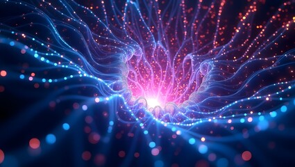 Poster - Glowing blue fractal space art with bright star explosions