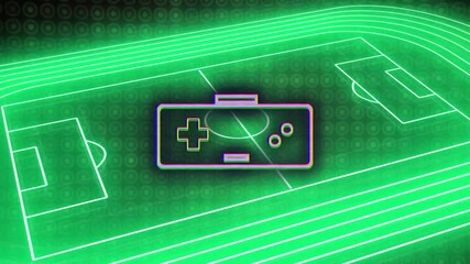 Poster - Animation of neon game controller icon on stylized green soccer field background