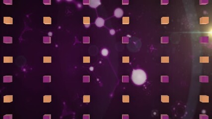 Poster - animation of purple and orange squares over molecular structure on dark background