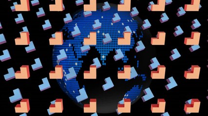 Poster - Animation of floating geometric shapes around digital globe with blue continents