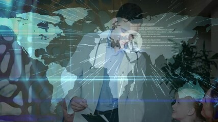 Poster - Doctor examining patient with world map and data processing animation overlay