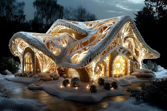 Illuminated Gingerbread House in Snowy Winter Setting