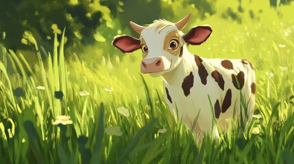 Leinwandbilder - Joyful dairy cow enjoys a sunny day in a lush green meadow filled with wildflowers and gentle sunlight Generative AI