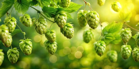 Wall Mural - Fresh green hop cones falling from a plant , green hop, hop farm, green hop, hop farm