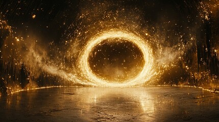 Poster - Vibrant golden portal surrounded by swirling sparks in a dark, mystical environment at night