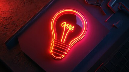 Fototapete - Illuminated Neon Light Bulb Decor with Glowing Red Design on Black Background for Creative Abstract Art