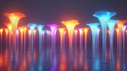 Poster - Colorful illuminated sculptures create an enchanting atmosphere in a dark gallery setting at night