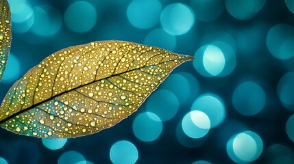 Poster - Dew-covered leaf glistens in soft light with blue bokeh background during early morning hours