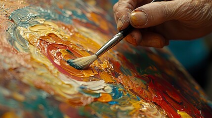 Poster - Artist creates an abstract painting using vibrant colors and textured brushstrokes in a studio setting during daytime