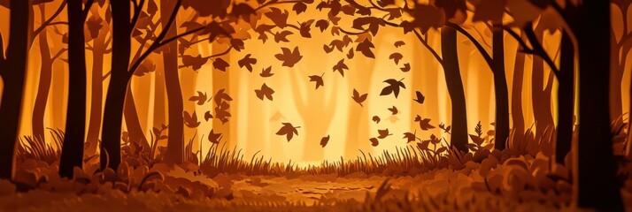 Poster - Explore a cozy autumn forest with layered paper cut design, where golden leaves fall gracefully in warm orange and brown tones Generative AI
