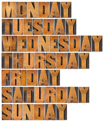 Wall Mural - seven days of week from monday to sunday in isolated vintage letterpress wood type printing blocks