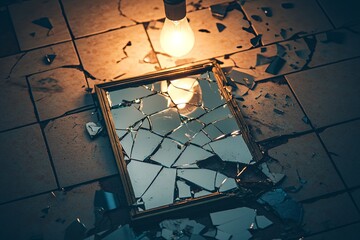 Poster - Shattered mirror reflection illuminated by a hanging light bulb on broken tiles
