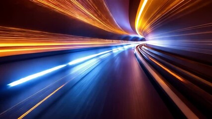 Poster - Vibrant and dynamic light trails in tunnel create mesmerizing sense of speed and motion, blending beautiful colors of blue and orange, evoking excitement and energy.