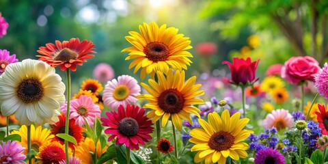 Wall Mural - Vibrant colorful flowers in a lush garden with blooming roses, daisies, sunflowers, and gerbera daisys, blooms, flowering