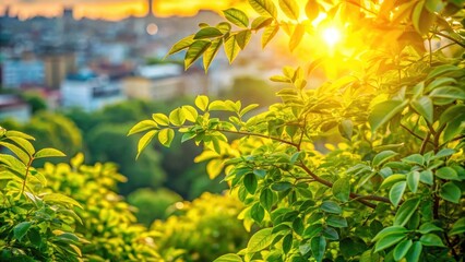 Wall Mural - Vibrant green foliage against a warm golden light filtering through the tree leaves, highlighting the contrast between nature and urbanization , #lighting, #foliage