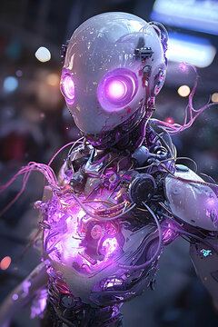 Glowing Purple Android Robot in City at Night