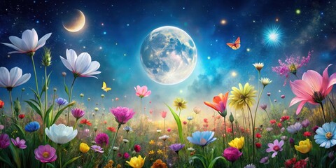 Wall Mural - A field of vibrant flowers swaying gently in the breeze under a full moonlit sky with delicate petals shimmering like diamonds in the soft lunar light , foliage, garden