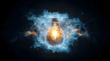 glowing lightbulb in cosmic nebula: abstract concept of innovation and energy