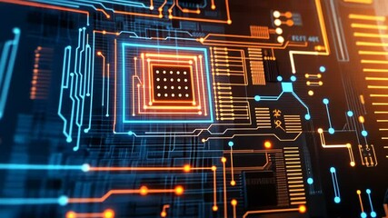 Poster - Complex circuitry with glowing components illustrates modern technology advancements and digital innovation