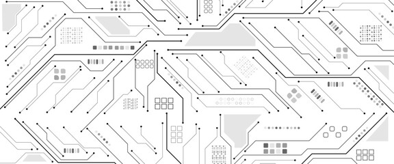 Poster - Vector technology lines circuit and dots on black and white background, circuit board network connection.