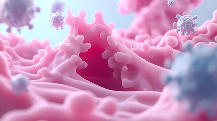 Poster - Pink and Blue Viruses and Bacteria in a Microscopic 3D Rendering