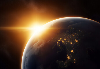 Wall Mural - earth and sun, gold sunrise, view of earth from space