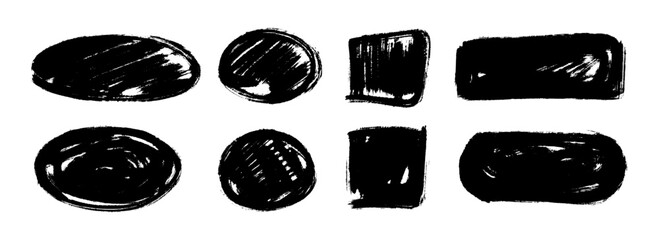 Poster - Dry paint stain set. Black grunge ink frame box collection. Brush stroke geometric element pack. Hand drawn charcoal blobs for poster design, banner, template, text box, collage. Vector border bundle